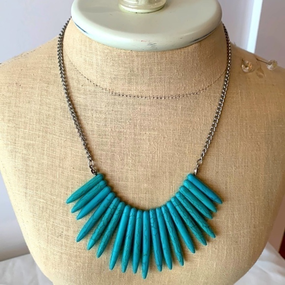 💐5/25 Turquoise natural stone spike boho steam punk silver tone